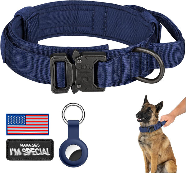 DAGANXI Tactical Dog Collar, Adjustable Military Training Nylon Dog Collar with Control Handle and Heavy Metal Buckle for Medium and Large Dogs, with Patches and Airtags Case (L, Black)8