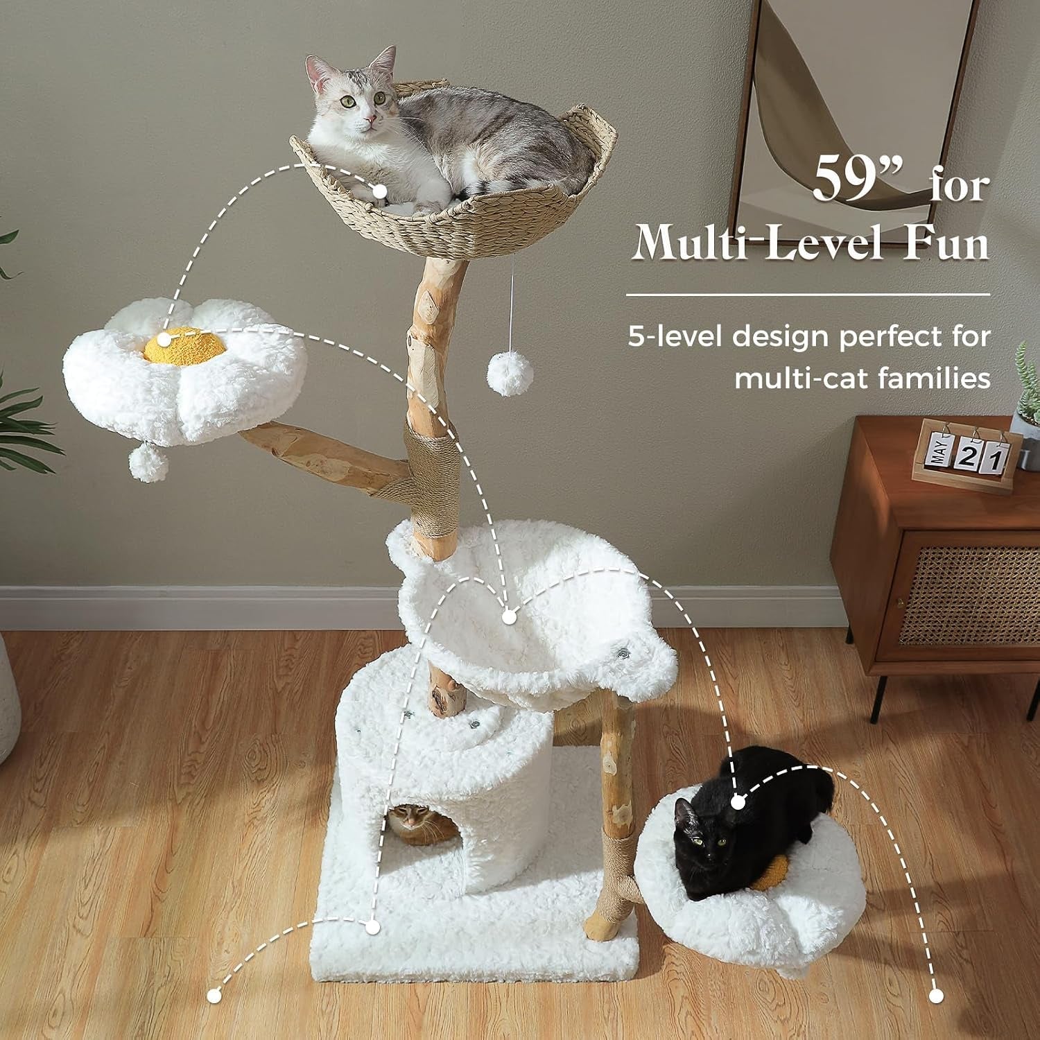 pawz-road-59-modern-cat-tree-natural-wood-cat-tower-for-large-cats-white-wicker-basket-bed-2-flower-perches-for-multi-cat-cat-tree-tower-with-large-condo-hammock-solid-wood-cat-tree-house