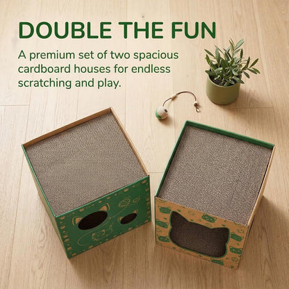 Pumtus 2 Pack Cardboard Cat Houses, Cat Play House with 2 PCS Scratching Pad, Corrugated Kitten Hideaway Cave, Cute Cats Condos Box, Cat Scratching Toy, Scratcher Bed for Indoor Cats, Kittens, Bunny4