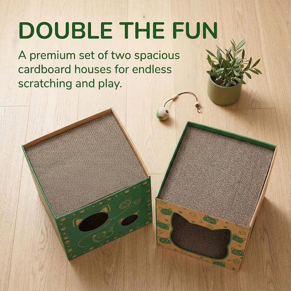 Pumtus 2 Pack Cardboard Cat Houses, Cat Play House with 2 PCS Scratching Pad, Corrugated Kitten Hideaway Cave, Cute Cats Condos Box, Cat Scratching Toy, Scratcher Bed for Indoor Cats, Kittens, Bunny4