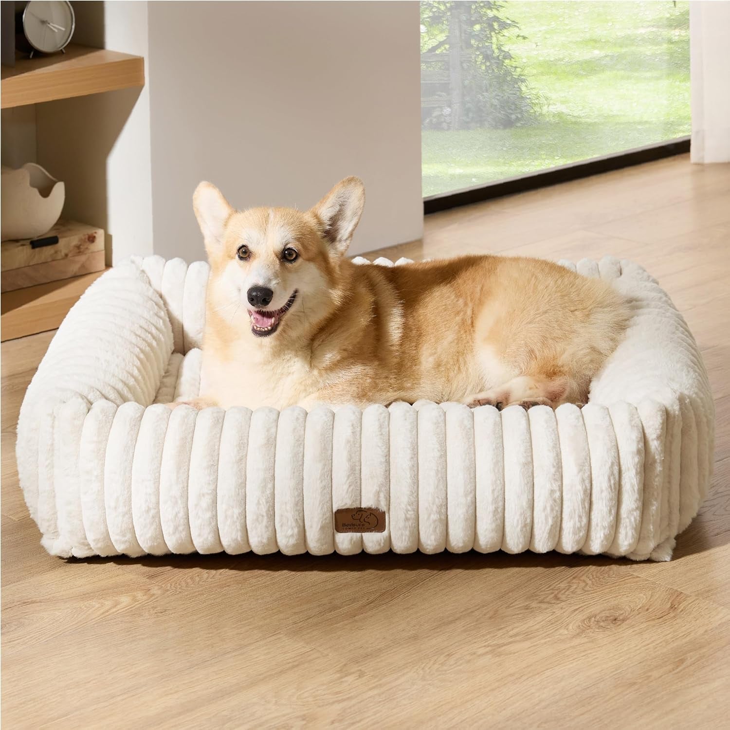 bedsure-comfyfleece™-cute-dog-bed-for-small-medium-dogs-washable-25in-cream-furry-puppy-beds-square-rectangle-orthopedic-corduroy-aesthetic-pet-beds-removable-zipper-cover-non-slip-bottom-up-to-15-lbs
