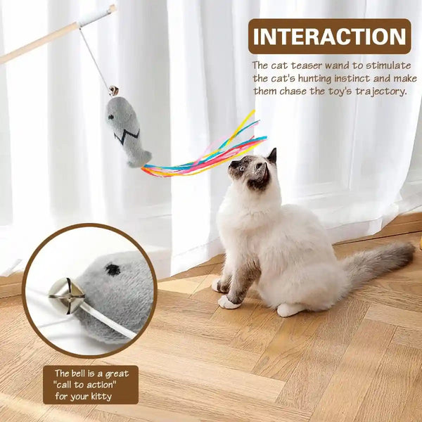 Natural Wood Cat Wand Toy with Ribbon Fish Teaser - 3Pcs, 16 Inch, Indoor Cat Exerciser & Playing Kitten Toy, Bonus 5Pcs Catnip Sticks for Teeth Cleaning6