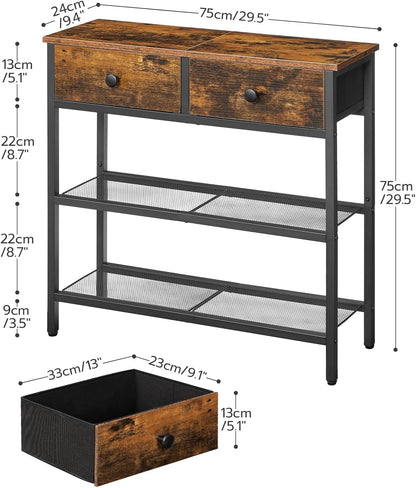 29.5" Narrow Console Table with 2 Fabric Drawers, Sofa Table, Small Entryway Table with 3-Tier Storage Shelves, behind Couch Table, for Living Room, Hallway, Rustic Brown and Black BF72XG013