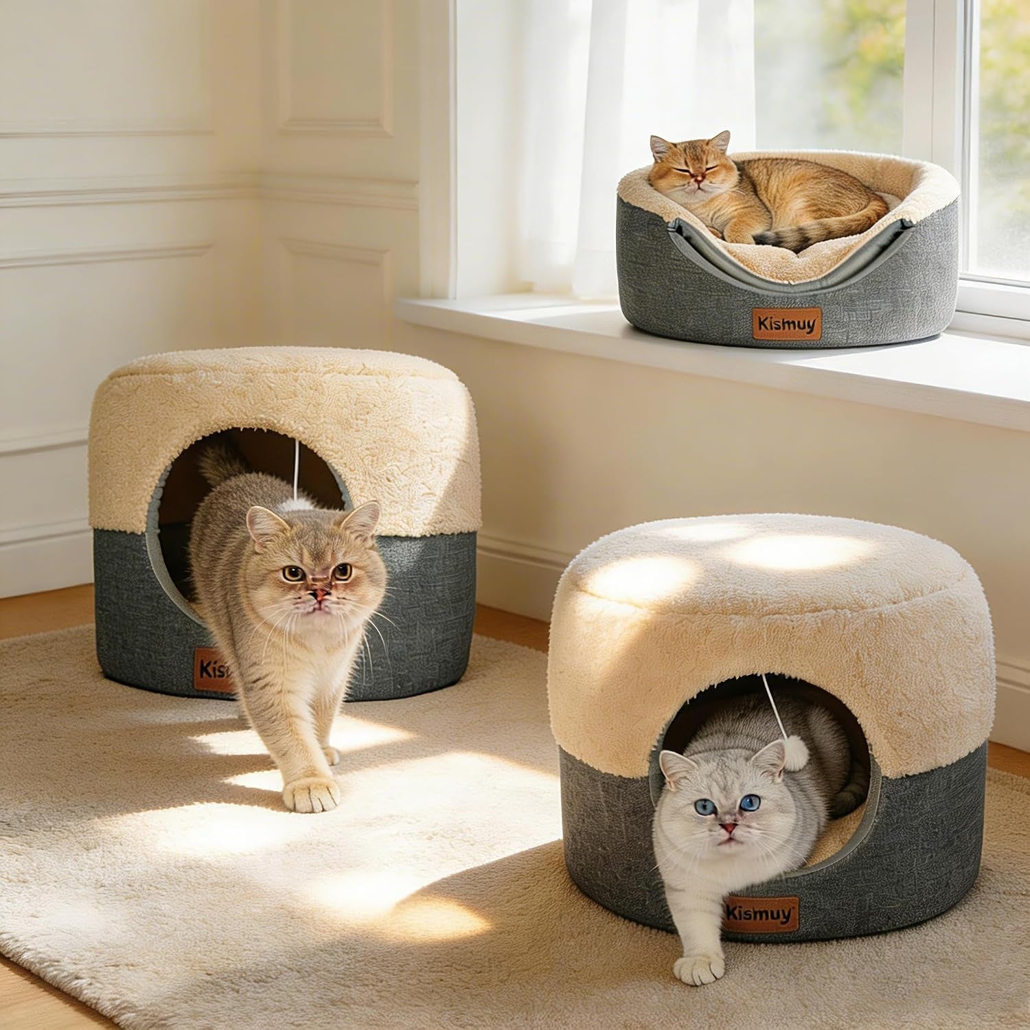 2-in-1-foldable-cat-bed-for-indoor-cats-cat-cave-sofa-bed-15-7d-x-13h-reversible-plush-linen-cushion-enclosed-cat-bed-hanging-cat-toys-non-slip-small-cat-house-grey