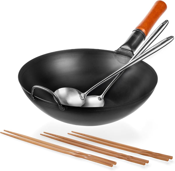 Carbon Steel Wok Pan – 13,5 “ Stir Fry Pans with 17’’ Wok Spatula and Ladle with Reusable Natural Wooden Long Cooking Chopsticks Set of 3 Pairs1