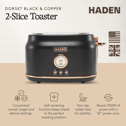 Haden Dorset 2-Slice Wide-Slot Toaster, Stainless-Steel Bread Toaster with Adjustable Browning Control, Crumb Tray & Non-Slip Feet, Black & Copper2