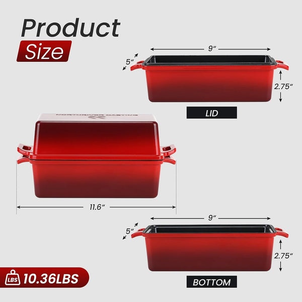 9X5 Inch Enameled Cast Iron Bread Loaf Pan with Lid, Perfect Sourdough Baking Pans | Even Heat Distribution for Homemade Bread, Cake, Meatloaf，2 Piece Set，Red2