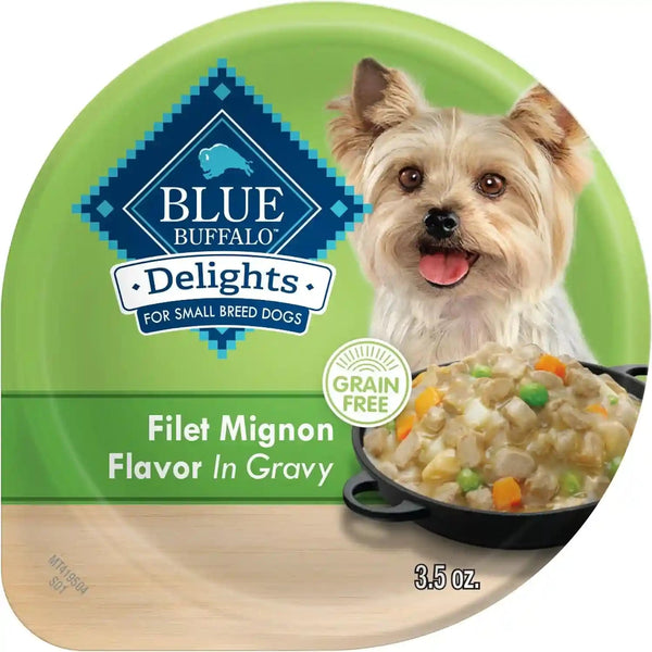 Blue Buffalo Delights Variety Pack Natural Grain Free Wet Dog Food for Small Breed Dogs (Filet Mignon Flavor & New York Strip Flavor) in Gravy with Natural Ingredients, 3.5-Oz. Each (12 Cups)16