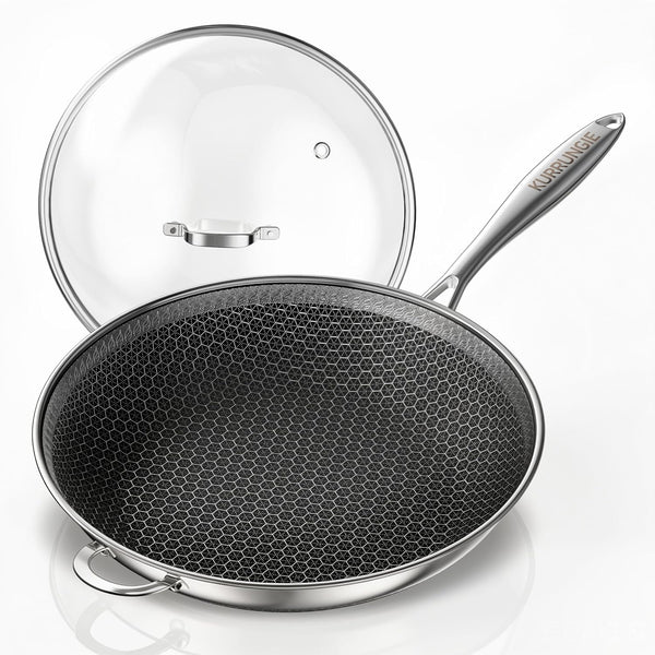Wok Pan, 13 Inch Hybrid Woks & Stir-Fry Pans Nonstick, Non Toxic 5-Ply Stainless Steel Wok Pan with Lid, Laser Etched Surface, Works on All Stoves, Dishwasher & Induction Safe, PFOA Free1