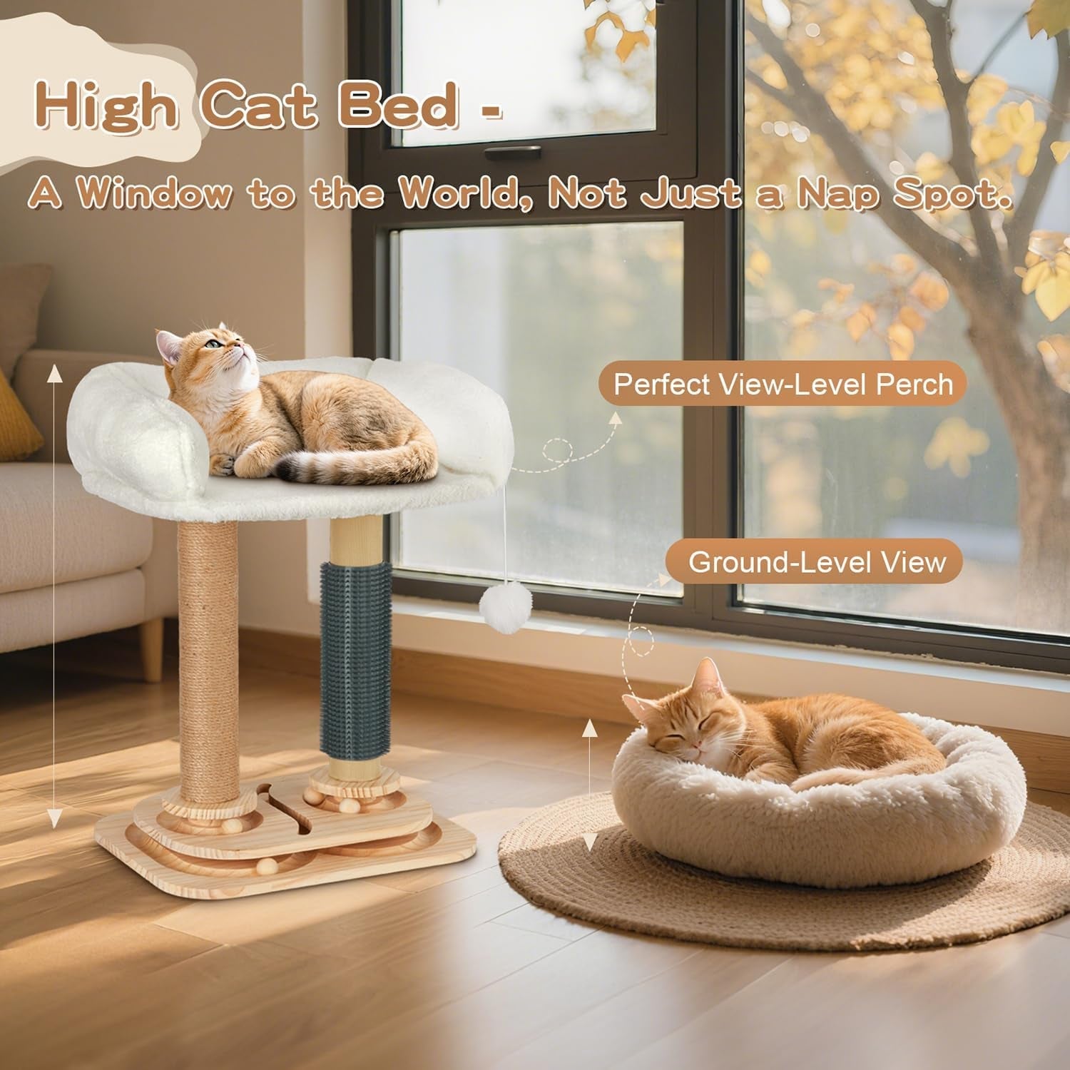 cat-scratching-post-with-bed-4-in-1-small-cat-tree-tower-sisal-scratcher-elevated-washable-bed-track-ball-toy-built-in-self-groomer
