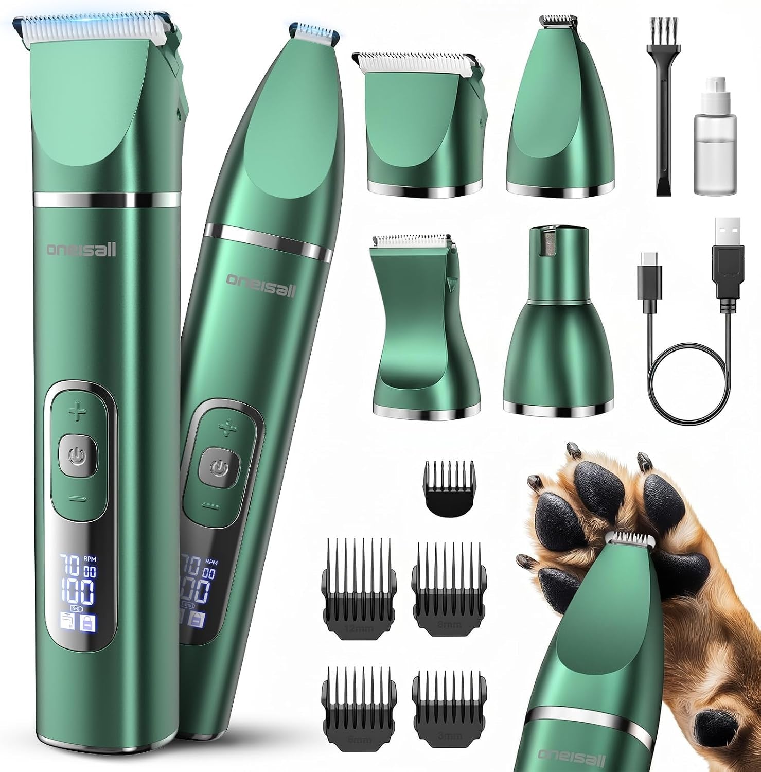 oneisall-4-in-1-dog-grooming-kit-with-lcd-display-paw-hair-trimmer-nail-grinder-rechargeable-cordless-low-noise-ipx7-waterproof-3-speeds-pet-grooming-clippers