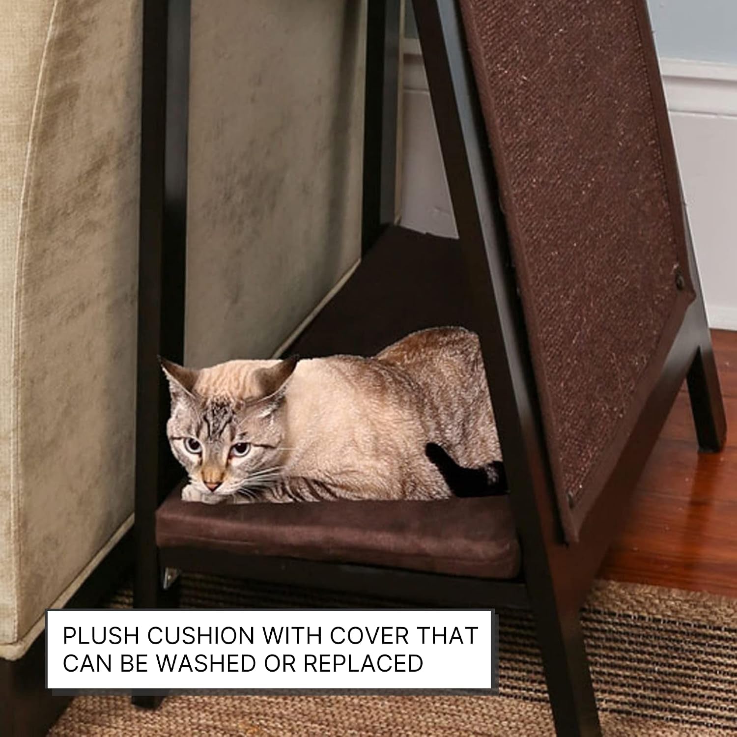 the-refined-feline-a-frame-cat-bed-cave-in-black-espresso-with-ventilated-base-multipurpose-wood-cat-furniture-table-easy-to-clean-covered-cat-bed-with-replaceable-scratching-post-washable-cushion