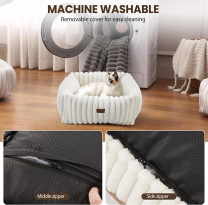 Cute Dog Bed for Small Dogs & Cats,Washable Fluffy Cat Beds for Indoor Cats, Rectangle Orthopedic Memory Foam Puppy Beds with Anti-Slip Bottom, 20 X19 X 7 Inches, Cream(20X19X6Inchs)5