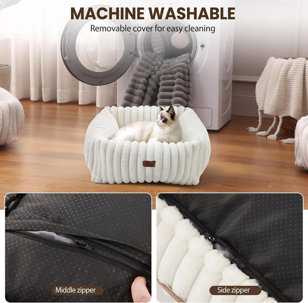 Cute Dog Bed for Small Dogs & Cats,Washable Fluffy Cat Beds for Indoor Cats, Rectangle Orthopedic Memory Foam Puppy Beds with Anti-Slip Bottom, 20 X19 X 7 Inches, Cream(20X19X6Inchs)5