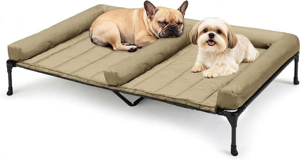Veehoo Elevated Dog Bed for 2 Dogs, Cooling Raised Dog Bed with Bolster Mat | Outdoor Double Dog Bed with Removable Waterproof Cushion, Breathable Mesh, Non-Slip Feet for Outdoor & Indoor, 49", Brown10