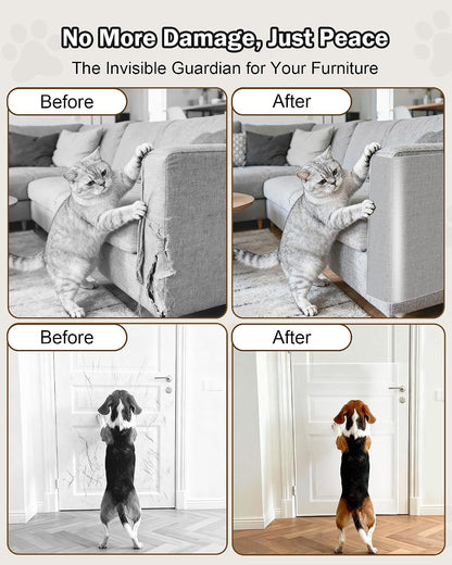 Cat Scratch Furniture Protector Couch - 1 Roll Clear PET 7.9 X 196.8 Inch | Protects Couch from Cat Claws, Strong Adhesion, Grid Backing, 1 Scraper, 30 Twist Pins, for Sofa, Armchair, Door, Wall, Bed2