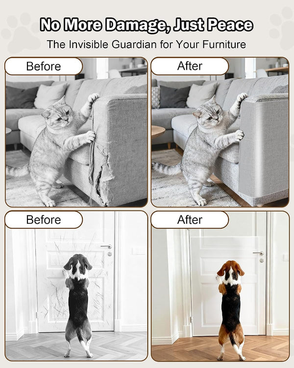 Cat Scratch Furniture Protector Couch - 1 Roll Clear PET 7.9 X 196.8 Inch | Protects Couch from Cat Claws, Strong Adhesion, Grid Backing, 1 Scraper, 30 Twist Pins, for Sofa, Armchair, Door, Wall, Bed2
