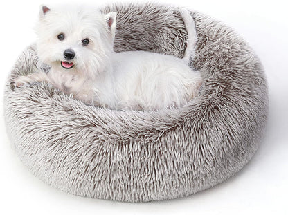 Calming round Dog Bed & Cat Bed for Indoor Cats, Medium Size Washable Anti-Slip Anti-Anxiety Donut Dog Beds for Small Dogs & Cats, Fluffy Plush Soft Dog Bed(20 Inch, Light Grey)16