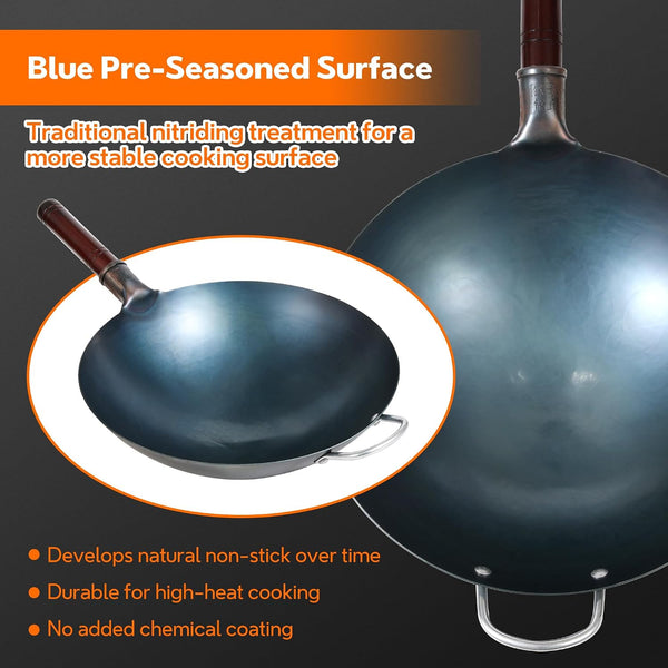 14 Inch Carbon Steel Wok with Lid, round Bottom Wok Pan, Blue Pre-Seasoned Chinese Stir Fry Pan for Open Flame Cooking, Large Traditional Pow Wok for BBQ, Grill, Camping, Home Cooking2