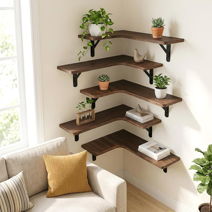 Conner Floating Shelves for Wall Decor, Dark Carbonized Black 5Pcs | Solid Wood Shelf with Metal Brackets, Holds 40 Lbs. Optimizes Corner Storage. Fits Bathroom, Kitchen, Bedroom & Living Room.5