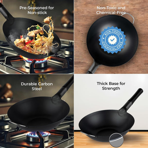 Carbon Steel Wok 1 Pack of 13.3 Inch Heavy-Duty Uniform Heat Distribution Pan Induction Compatible Flat Bottom Wok Welded Handle Black for Gas Stovetops and Grills7