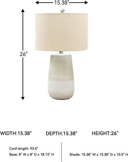 Signature Design by Ashley Shavon Ceramic Table Lamp, 26", 3-Way Switch | Textured Neutral Glazed Base, Beige and White Finish, Fabric Drum Shade, Versatile 3-Way Switch, Living Room Use5