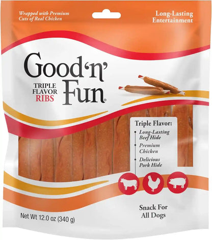 Good ‘N’ Fun Triple Flavor Ribs Chews for All Dogs, Treat Your Dog to Long-Lasting Chews Made with Beef Hide, Chicken and Pork Hide, 12 Oz1