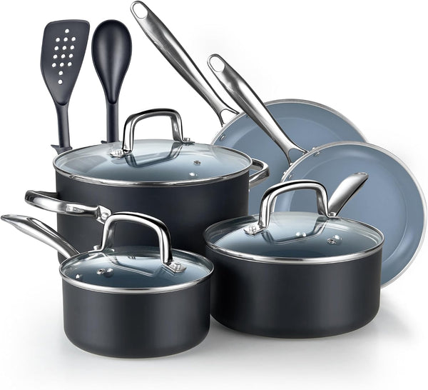 Classic Pots and Pans Nonstick Ceramic Kitchen Cookware Sets Include Saucepan, Frying Pans, Stockpot with Lids, Nylon Utensils, Heavy Gauge, 10-Piece, Black1