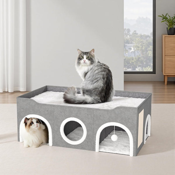 Cat House for Indoor with Fluffy Ball and Scratch Pad | 35” Foldable Cat Bed with Removable Divider,3 Separate Cat Cave for Multi Cats Puppy Family7