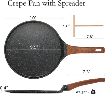 9.5 Inch Crepe Pan with Spreader, Nonstick Granite Coating Dosa Pan, Roti Tawa Comal Para Tortillas Pancake Griddle Pan, Induction Compatible, PTFE & PFOA Free, Black2
