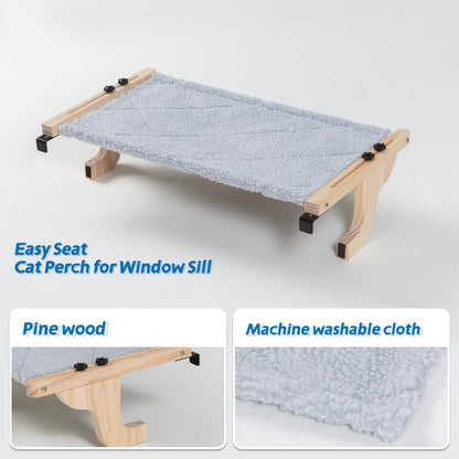 Zakkart 2PC Easy Seat Cat Perch for Window Sill - Hammock Design W/Pine Wood & Robust Metal Frame - Cat Window Seat for Large Cats and Kittens (Natural Color Wood W/Gray Bed, Large (26''W X 14''D)6
