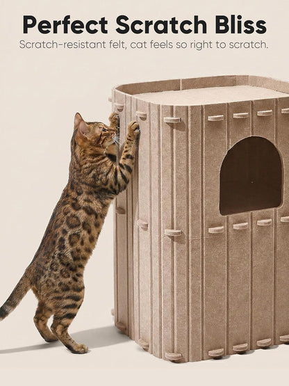 FUKUMARU Cat House for Indoor Cats, Warm Felt Cat Bed, Scratch Resistant | Large Cat Bed Cave, 3-In-1 Cat Condo, Cozy Felt Covered Cats Tunnel, 23.62 Inch Kitten Hideaway for Multicats, Beige3