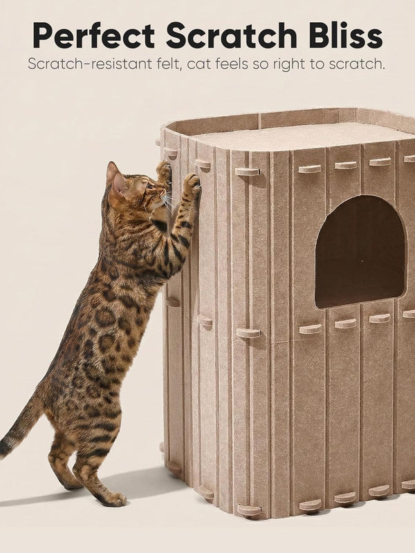FUKUMARU Cat House for Indoor Cats, Warm Felt Cat Bed, Scratch Resistant | Large Cat Bed Cave, 3-In-1 Cat Condo, Cozy Felt Covered Cats Tunnel, 23.62 Inch Kitten Hideaway for Multicats, Beige3