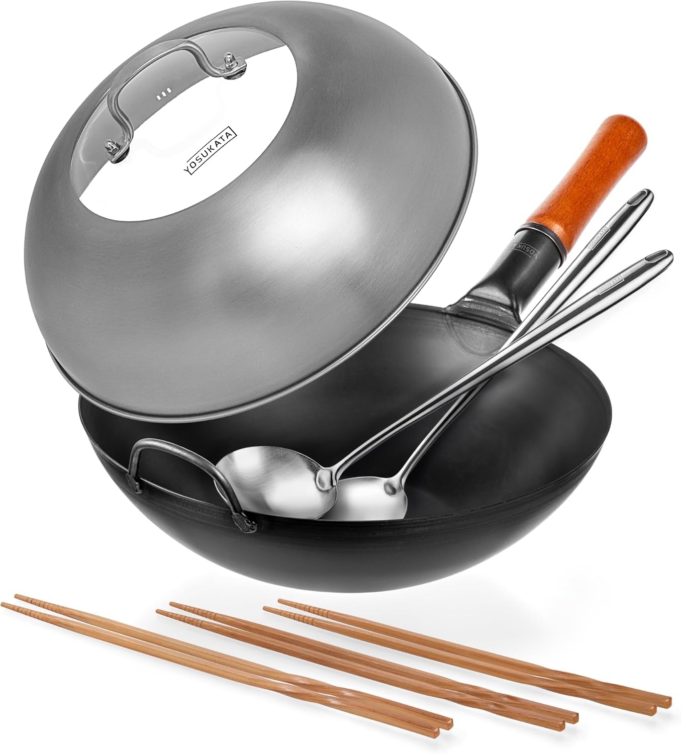 carbon-steel-wok-pan-13-5-inch-17-inch-wok-spatula-and-ladle-12-8-inch-wok-lid-reusable-natural-wooden-long-cooking-chopsticks-set-of-3-pairs-11-8-inch-13-inch-14-2-inch
