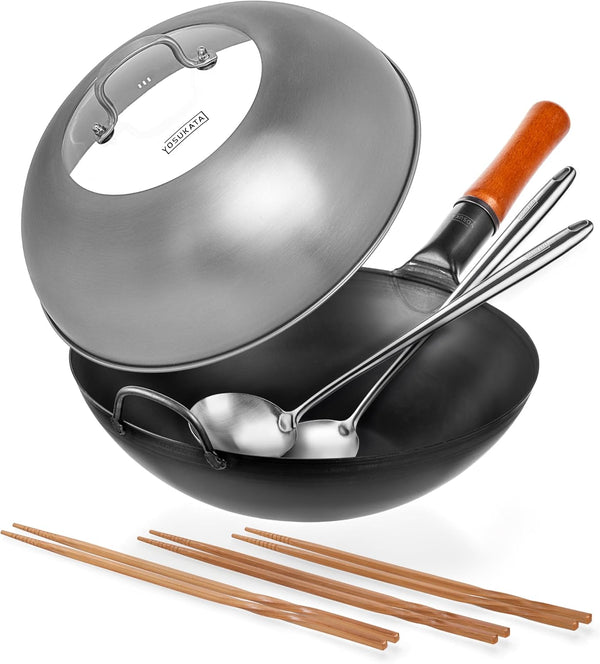 Carbon Steel Wok Pan 13.5 Inch + 17 Inch Wok Spatula and Ladle + 12.8 Inch Wok Lid + Reusable Natural Wooden Long Cooking Chopsticks Set of 3 Pairs: 11.8 Inch, 13 Inch, 14.2 Inch1