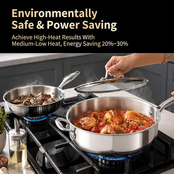 Stainless Steel Cookware Set, Full 5-Ply, 6-Piece | Full-Clad 3Mm 18/10 Stainless Steel, Glass Lids & Steamer, Induction Compatible, Oven Safe up to 800°F6