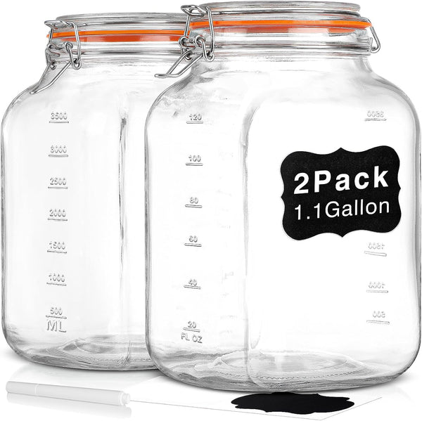 1.1 Gallon Wide Mouth Airtight Glass Storage Containers with Lids | 100% Airtight Lid, Flour Storage, Kombucha, Bulk Pantry Organization, Measurement Marks, Pickling, Fermenting, Snacks1