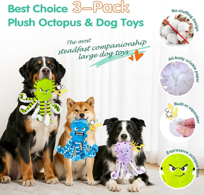 Fuufome Octopus Dog Toys with No Stuffing for Small, Medium & Large, 3 Pack | Tough Plush Squeaky Interactive Fetch Toys, Puppy Teething Chew Toys to Relieve Boredom, Perfect for Cuddling & Playtime2