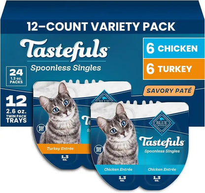 Blue Buffalo Tastefuls Paté Spoonless Single Wet Cat Food Variety Pack (Chicken & Turkey), Made with Natural Ingredients Enhanced with Minerals & Other Nutrients, 2.6-Oz. Twin-Pack Trays (12 Count)1