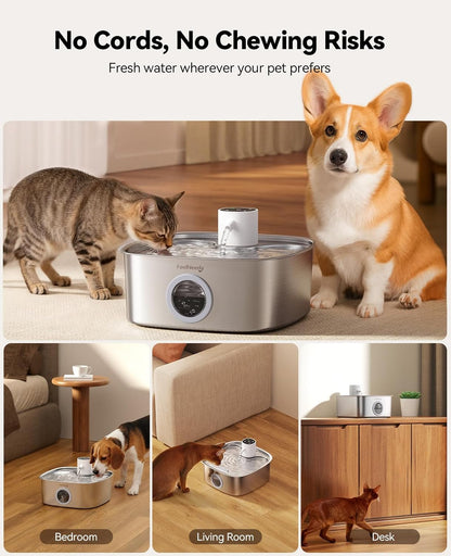Cordless Wider Tray Dog Water Fountain, 5000Mah Battery Operated Dog Water Bowl Dispenser with 3 Motion Sensor, FEELNEEDY Stainless Steel Pet Water Fountain for Multi-Pets, Easy Setup & Clean, 8L2