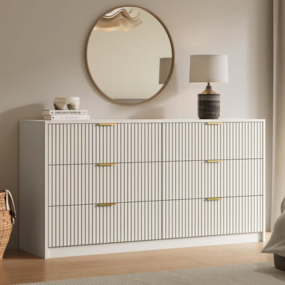6 Drawer Dresser for Bedroom, 55" Wide Modern Chest of Drawers with Gold Metal Handles, Fluted Wood TV Stand for Living Room, Hallway(Beige)3