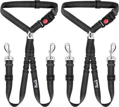 Lukovee Double Dog Seat Belt, Dual Pet Car Headrest Restraint Safety Seatbelt No Tangle Dog Leash Duty Adjust Elastic Bungee Puppy Lead Splitter Connect Harness in Vehicle Travel for 2 Dogs,Black9