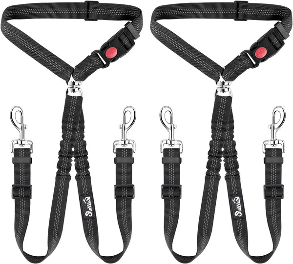 Lukovee Double Dog Seat Belt, Dual Pet Car Headrest Restraint Safety Seatbelt No Tangle Dog Leash Duty Adjust Elastic Bungee Puppy Lead Splitter Connect Harness in Vehicle Travel for 2 Dogs,Black9