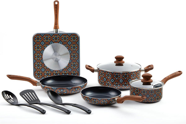 10 Piece Talavera Aluminum Black Ceramic Cookware Set | Black Ceramic Nonstick Coating, Cool-Touch Handles and Glass Lid, Ideal for Mexican Dishes, Great for Gifting1