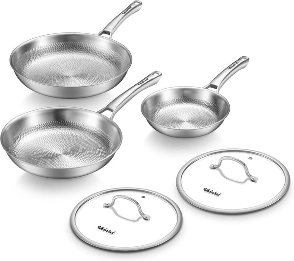 Titanium Pans Set for Cooking, 8"+10"+12" Non-Toxic Paella Pan with Lid | Titanium Hammered Pro Skillet,Pfas/Pfoa/Ptfe Free Cookware, Dishwasher&Oven Safe, Kitchen Induction Compatible1