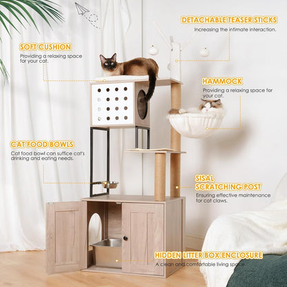 Cat Tree & Litter Box Enclosure,Modern All-In-One Indoor Cats Tower with Large Platform, Cat Condo with Wood House, Food Station, Hammocks (23.6”)5