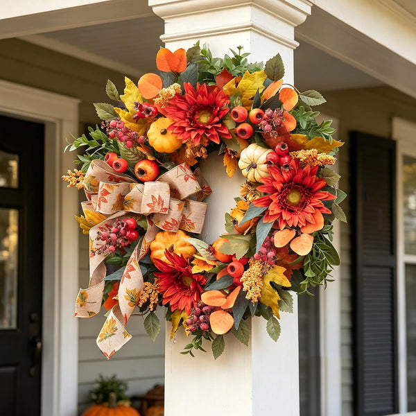 Fall Wreaths for Front Door 24 Inch Autumn Wreath Rustic Fall Decor | Autumn Wreath with Artificial Pomegranates, Sunflowers and Berries Fall Door Wreath for Outdoor or Indoor Use Autumn Wreaths4
