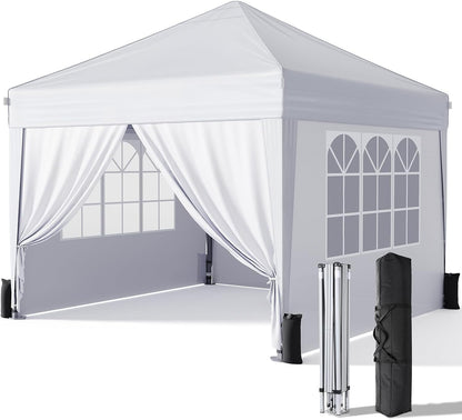 10X10 Pop up Canopy Tent with Sidewalls, Instant Setup,White | One-Push Frame, 4 Removable Sidewalls, Carry Bag Included for Parties, Camping, Beach, Backyard & Outdoor Events1