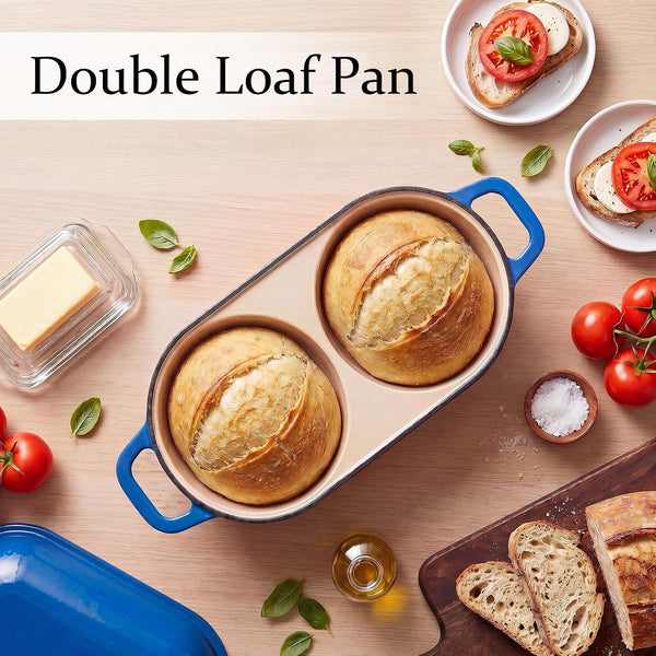 Cast Iron Dutch Oven for Sourdough Bread Baking, Mini Enameled Bread Pot with Lid, Nonstick Double Loaf Pan for Homemade Bread, Cake & Meatloaf, Oven Safe to 500°F, 16.5Cm Diameter, Blue2