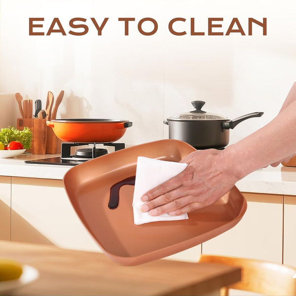 Non-Stick Copper Square Frying Pan, 12" Chef Skillet with Ceramic Coating, Oven Dishwasher Safe, Pfoa-Free, Home Use for All Stoves6
